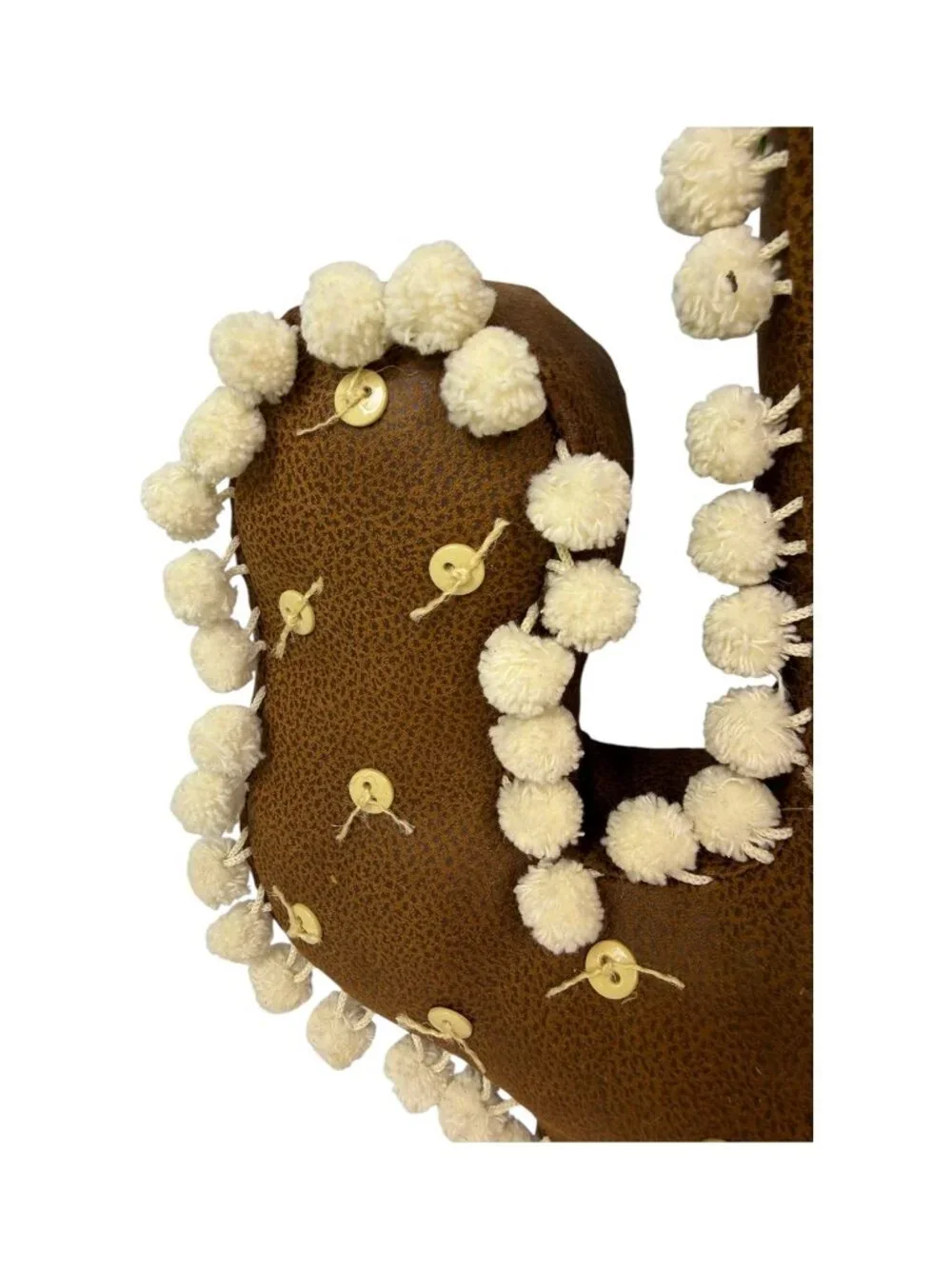 Southwestern Cactus Shaped Pillow Brown Pom Pom Button Rustic Boho 19x14
